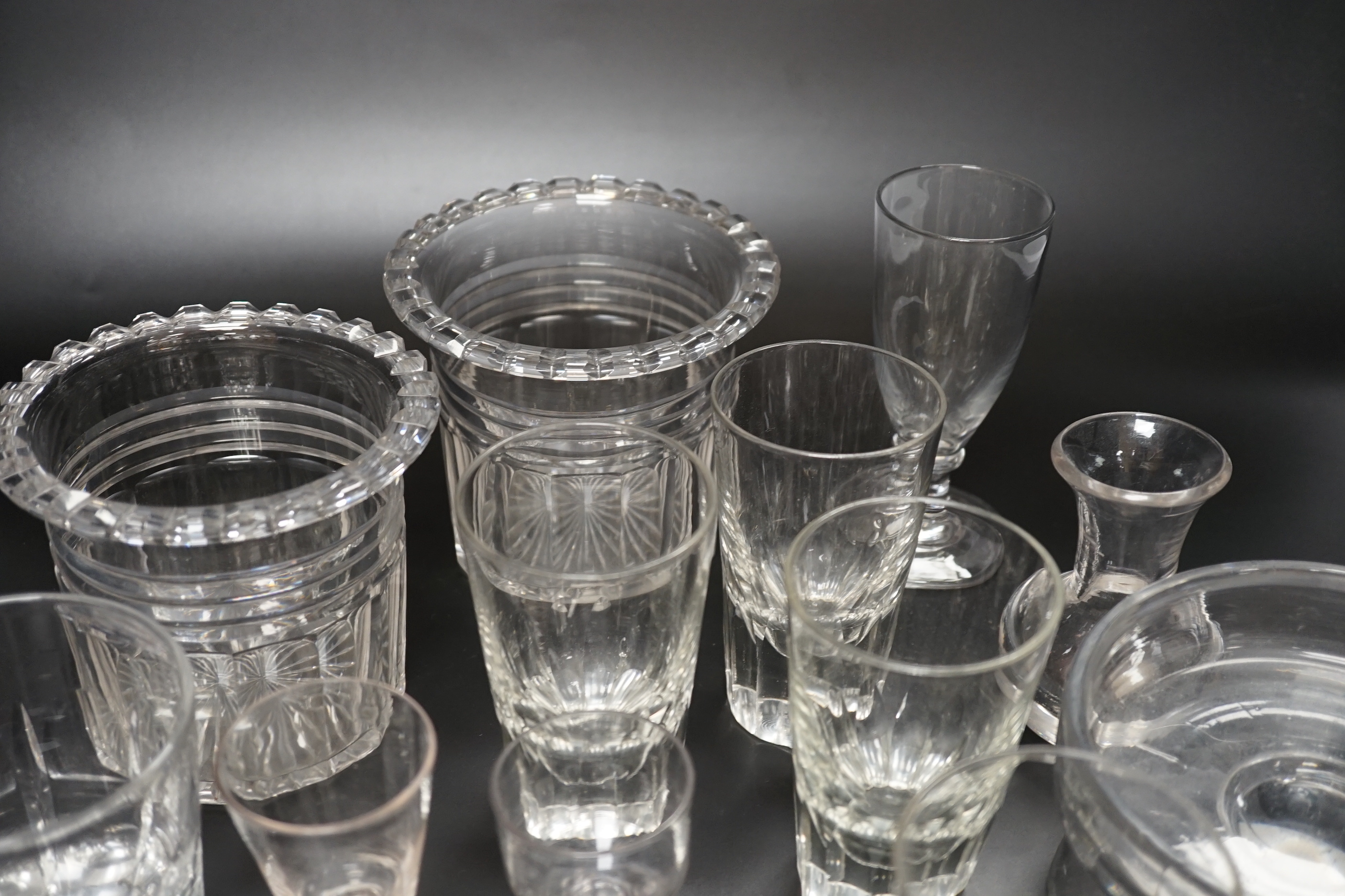 Thirteen 19th century glass items, including a set of four beakers, a pair of vases, stemmed glasses, etc. tallest 14cm